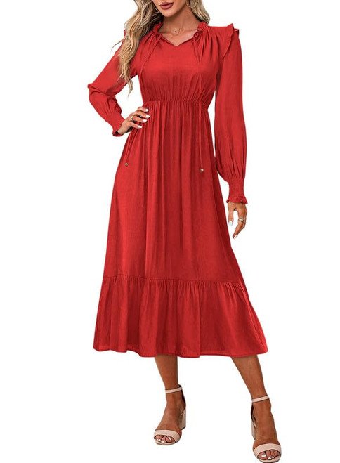 Dokotoo Womens Fall Dresses 2023 Drawstring Ruffled Maxi Dress for Women Long Sleeve High Waist Tiered Maxi Dress Red X-Large