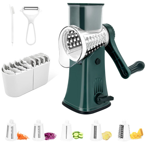 Rotary Cheese Grater Cheese Shredder-Itelly Kitchen Manual Cheese Grater with Handle Vegetable Slicer Nuts Grinder 5 Replaceable Drum Blades and Strong Suction Base Free Cleaning Brush (Green)