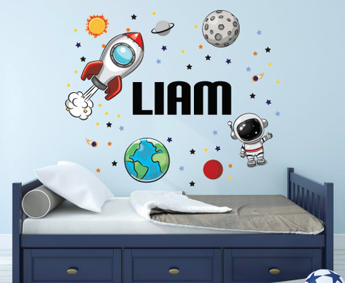 Personalized Space Name Wall Decal for Kids Room Astronaut Nursery Wall Decor Galaxy Solar System Sticker Planet Baby Boy Bedroom Rocket Spaceship Star Planet Wall Decals Home Room Art Gift