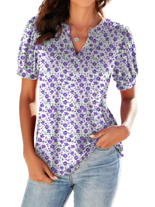 Neineiwu Women's Casual Tops Puff Short Sleeve Loose Blouses T Shirts (YH Purple Flower White M)