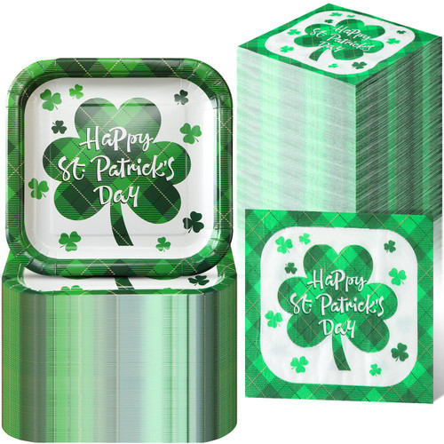 Domensi 200 Pack St Patrick's Day Paper Plates and Napkins Includes 100 Pcs 8.54'' Dinner Plates and 100 Disposable Napkins for St Patrick's Day Party Disposable Dinnerware Tableware Set
