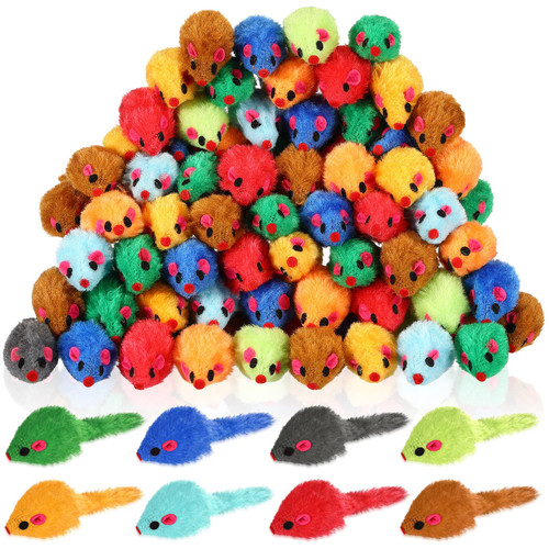 120 Pcs Rainbow Furry Cat Mouse Toys Interactive Rattle Cat Toy Mice Small Soft Rustle Sound Kitten Toys for Pets Cat Puppy Kittens Play, Assorted Colors