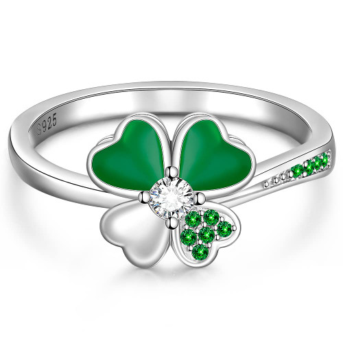 Talonior Irish Clover Ring for Women Girls Sterling Silver St Patricks Day Gifts Shamrock Four Leaf Jewelry Green Holiday Prom Rings Size 8