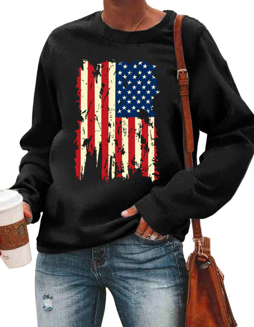 American Flag Sweatshirt Women Patriotic Shirt USA Flag Shirt Stars Stripes T-Shirt 4th of July Tee Tops