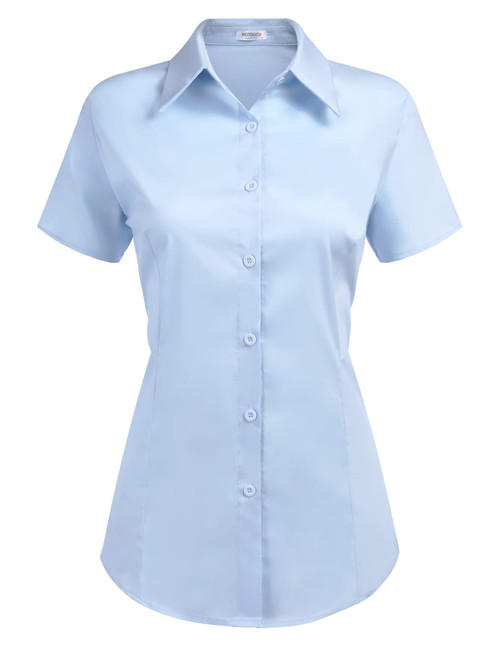 HOTOUCH Womens Button Down Server Uniform Fitted Button Up Shirt Clear Blue, Medium, Short Sleeve