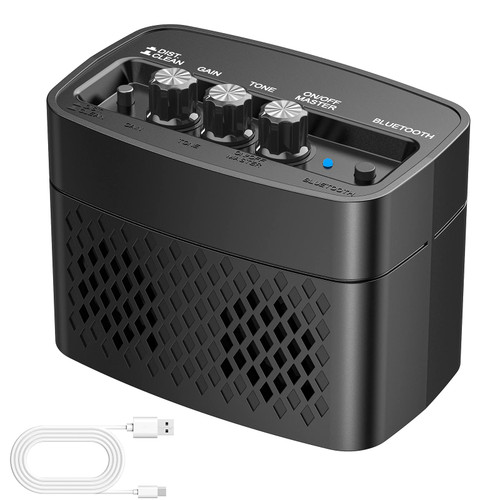 POGOLAB Mini Guitar Amp, 5W Small Portable Electric Guitar Amplifier, Clean & Distortion Effects 2 Channels, Rechargeable Bluetooth Speaker with Headphone Jack, for Daily Guitar Practice (Black)