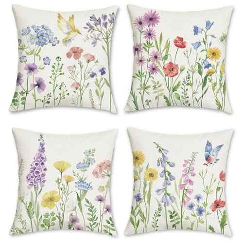 Bonhause Spring Floral Throw Pillow Covers 18 x 18 Inch Garden Flowers Birds Decorative Pillows Polyester Linen Outdoor Cushion Cases for Couch Sofa Bed Home Decor Set of 4