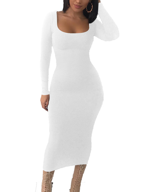 SASIMIC Women's Sexy Long Sleeve Bodycon Square Neck Club Party Long Dress, Medium, White