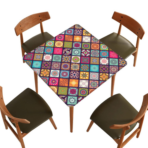 Boho Fitted Tablecloth Square, Buffalo Plaid & Flower Elastic Edge Home Decor Tablecloths, Washable Bohemian Polyester Table Cover for Indoor Outdoor Picnic Party Use, Fits 36x36 inch Table