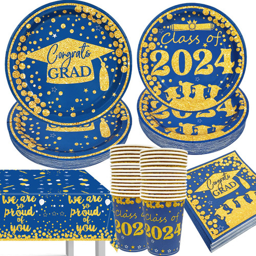Graduation Party Suppliers Blue and Gold Graduations Party Decorations Congrats Grad Dinnerware Set Include Graduation Plates Napkins Cups and Tablecloth, Serve 30