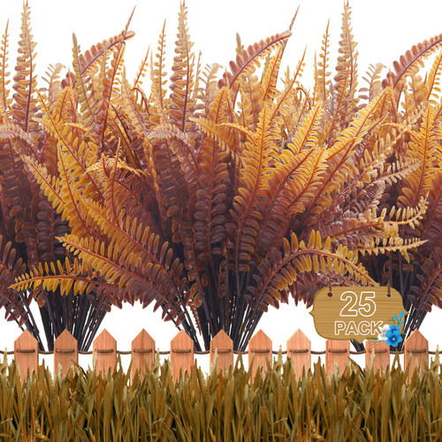 Aumsica 25 Bundles Artificial Fall Plants, Outdoor Indoor UV Resistant Fake Boston Fern Faux Plant No Fade Plastic Greenery Shrubs Autumn Garden Porch Window Box Decor