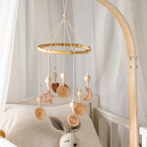 Baby Crib Mobile Modern Boho Baby Mobile for Crib Gender Neutral Nursery Mobile for Girl or Boy Handmade Mobile Ceiling Rattan Mobile