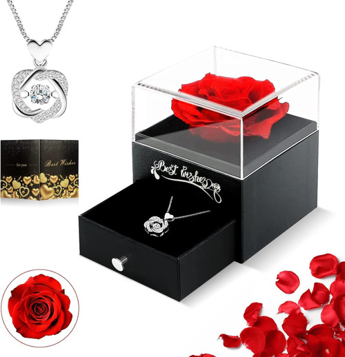 Suturun Preserved Red Real Rose with Heart Necklace,Eterna Flowers Rose Gifts for Women,Mom,Wife and Girlfriend on Christmas Valentines Day Mothers Day Anniversary Birthday Gifts for Her