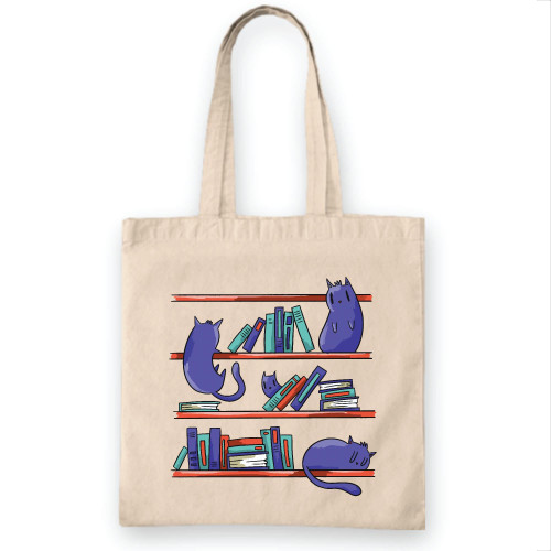 Gift Idea for Pet Lovers Library Cats Illustration Cats Climbing Bookshelf Natural White Multicolor Canvas Tote Bag