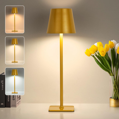 ZOOPEEN Yellow LED Portable Cordless Table Lamp,Gold Modern 4000mAH Rechargeable Battery Operated Touch Desk Lamp,3 Color & Stepless Dimming Bedside Lamps,for Bedroom Nightstand/Couple Dinner