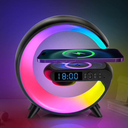 OTeedo Mini G Type Wireless Charging Atmosphere Lamp with Bluetooth Speaker Alarm Clock Night Light 10W Wireless Charger for Bedside Lamp Clock Sound Machine Ambient Lighting for Christmas Gift Black