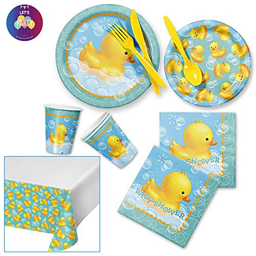 Rubber Ducky Baby Shower Decorations - Duck Bubble Bath Party Supplies Pack Bundle for 8 Guests - Dinner Plates Dessert Plates Napkins Table Cover Cups and Cutleries