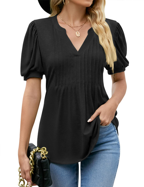 LOMON Black Tops for Women Puff Short Sleeve Summer Shirts V Neck Casual Work Loose Tunic Blouse(Black,XXL)