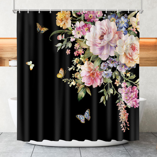 Vimorco Flower Butterfly Shower Curtain, Black Shower Curtains for Bathroom, Waterproof Quick-Dry Polyester Fabric Flower Shower Curtain Set, Floral Bath Curtain Bathroom Decor, 12 Hooks Vimorco Flower Butterfly Shower Curtain, Black Shower Curtains for Bathroom, Waterproof Quick-Dry Polyester Fabric Flower Shower Curtain Set, Floral Bath Curtain Bathroom Decor, 12 Hooks