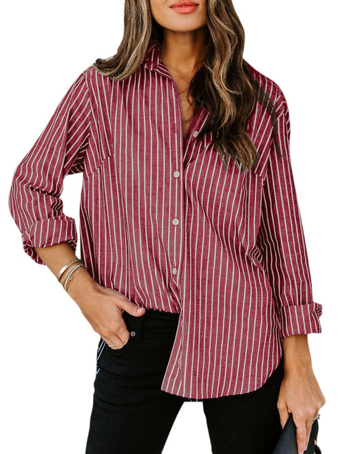 siliteelon Womens Button Down Shirts Cotton Striped Dress Shirt Long Sleeve Collared Office Work Blouses Tops - Red Striped L