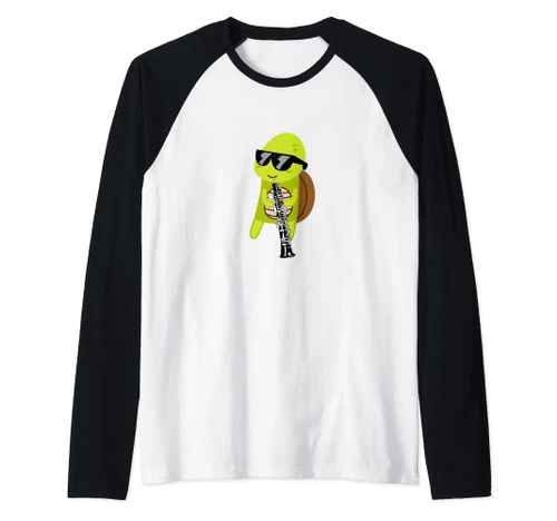 Funny Turtle Wearing Sunglasses Playing Oboe Raglan Baseball Tee