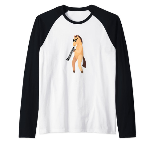 Funny Horse Wearing Sunglasses Playing Oboe Raglan Baseball Tee