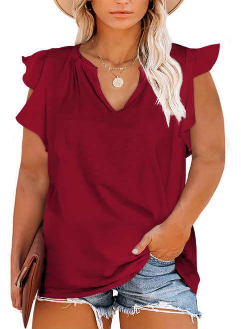 Eytino Womens Plus Size Loose Summer Ruffle Sleeve V Neck Casual Solid Tank Top,5X Red
