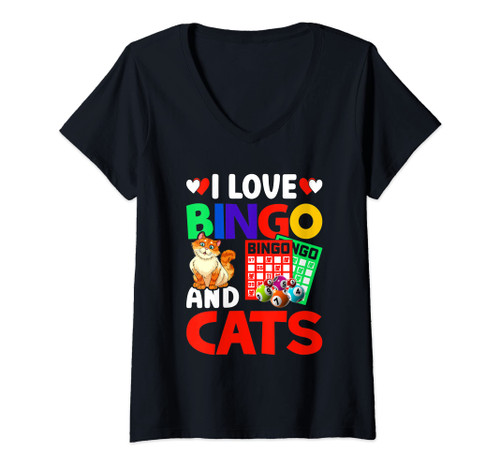 Womens I Love Bingo and Cats Bingo Caller Humor Lottery Lucky V-Neck T-Shirt