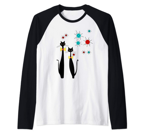 Atomic Era Mid Century Modern Cool Cat Pair w/ Starbursts Raglan Baseball Tee