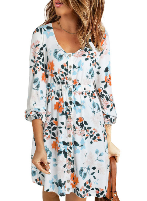 BLENCOT Women's V Neck Button Front Midi Dress Casual Long Sleeve Red Floral Print Swing T-Shirt Dresses White S BLENCOT Women's V Neck Button Front Midi Dress Casual Long Sleeve Red Floral Print Swing T-Shirt Dresses White S