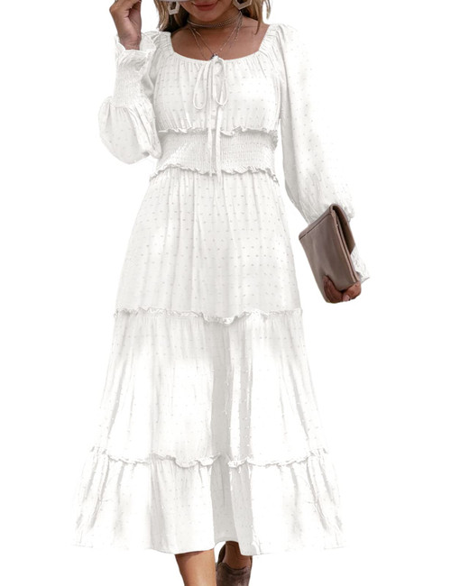 Women's Square Neck Long Sleeve Swiss Dot Maxi Dresses Ruffle Tiered Boho A Line Smocked Cocktail Dress White