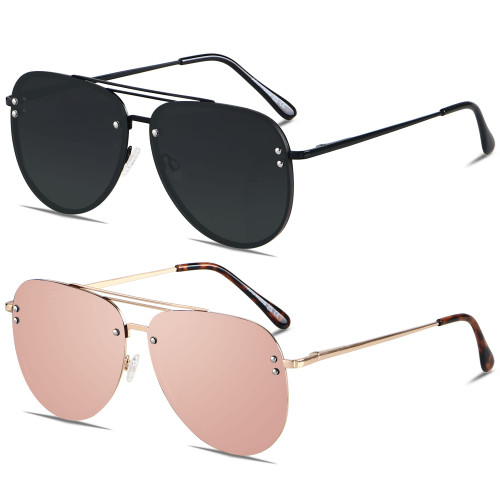 ANDWOOD Oversized Aviator Sunglasses for Women Men Big Large Rimless Metal Frame with Spring Hinges Sun glasses Black Mirrored Rose Gold Shades