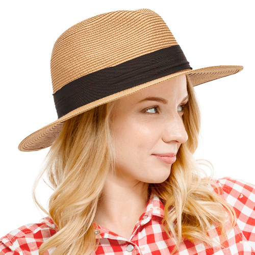 Women Straw Panama Beach Hat Packable Foldable Summer Fedora Wide Brim Sun Hats (Light Brown,M)