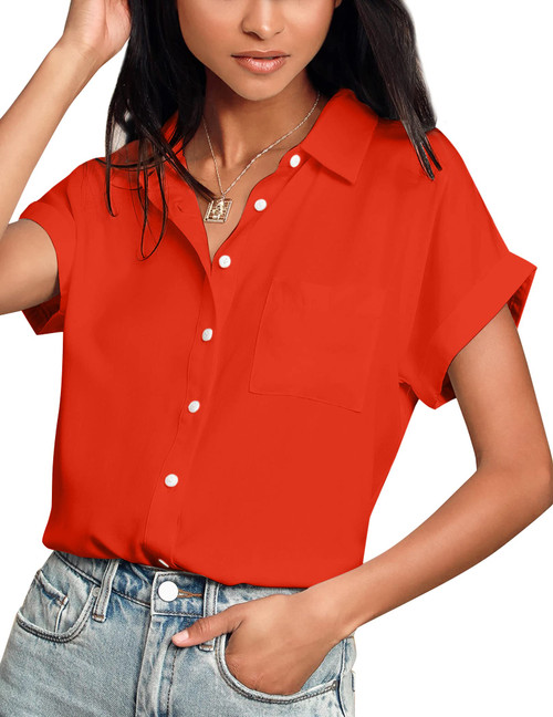 HOTOUCH Women Button Down Shirts Short Sleeve Loose Dress Shirts V Neck Casual Business Blouses Tops with Pockets M Red