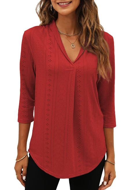 Miselon V Neck Blouses for Women, Eyelet 3/4 Sleeve Loose Fit Shirts Business Casual Work Tops Red L