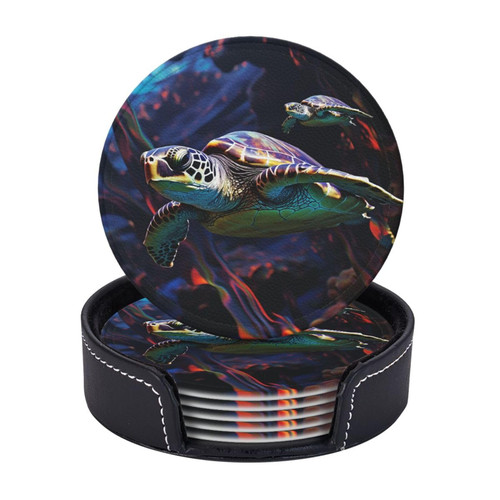 6pcs Drink Coasters with Holder, Leather Coasters for Drinks, A Colorful Tropical Sea Turtle Cup Coasters for Coffee Table Decor, Non-Slip Drinking Cup Mat for Hot Or Cold Drink 4"