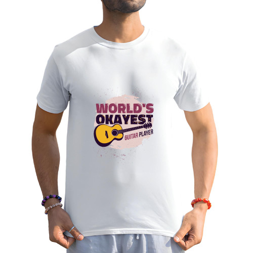 Gift for Music Lovers Worlds Okayest Guitar Player with Guitar Illustration Men Women White Gray Multicolor T shirt