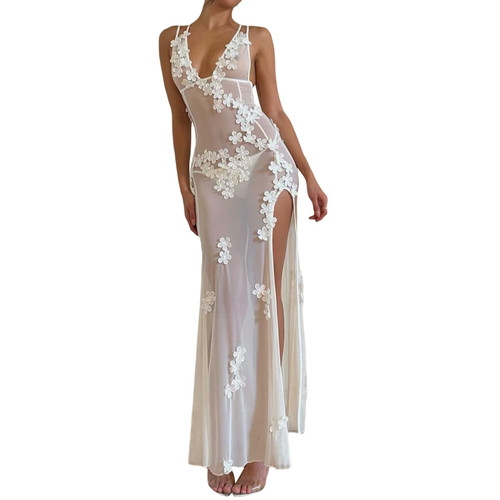 Women Sexy Cutout Bodycon Long Dress Spaghetti Strap Deep V Neck Backless Maxi Dress Halter Tie Slit Evening Dress(Mesh Sheer White,S) Women Sexy Cutout Bodycon Long Dress Spaghetti Strap Deep V Neck Backless Maxi Dress Halter Tie Slit Evening Dress(Mesh Sheer White,S)