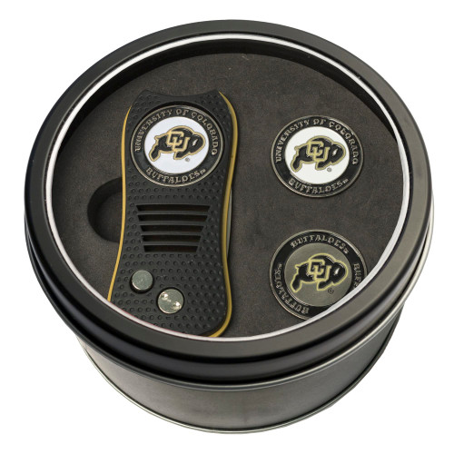 Team Golf NCAA Colorado Buffaloes 2 Ball Markers Tin Gift Set with Retractable Divot Tool and 3 Double-Sided Magnetic Ball Markers, Patented Single Prong Design, Causes Less Damage to Greens