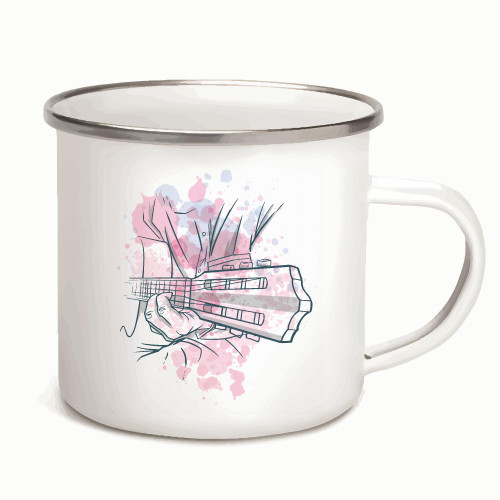 Gift for Music Lovers Hand Painted Guitar Playing Person Musical Instruments 12oz Enamel Silver Mug
