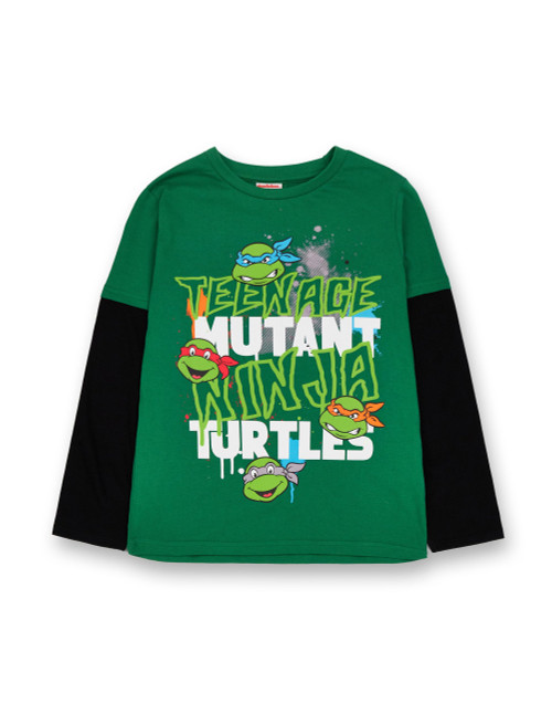 Teenage Mutant Ninja Turtles Boys T-Shirt | Green & Black TMNT Skater Tee | Childrens Long Sleeve with Short Sleeve Overlay