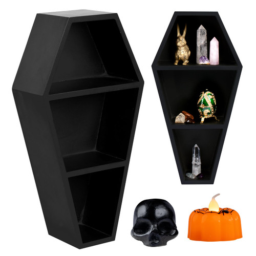 MANNY'S MYSTERIOUS ODDITIES Gothic Coffin Shelf - Includes Coffin Gift Box and Spooky Accessories - Halloween House Decor for Goth Lovers (Black)