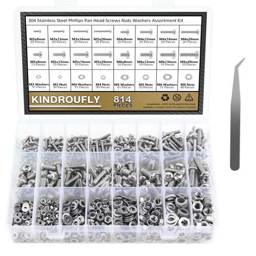 814 Pieces Phillips Pan Head Machine Screws Nuts Washers Kit, Kindroufly M3 M4 M5 M6 Screw Assortment Kit, Metric Screw Set, Bolts and Nuts, Machine Screws, 304 Stainless Steel, Fully Machine Thread 814 Pieces Phillips Pan Head Machine Screws Nuts Washers Kit, Kindroufly M3 M4 M5 M6 Screw Assortment Kit, Metric Screw Set, Bolts and Nuts, Machine Screws, 304 Stainless Steel, Fully Machine Thread