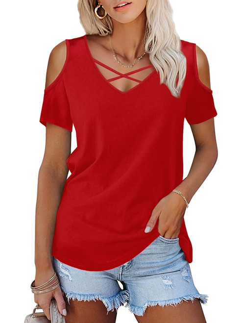 Amoretu Womens Casual Summer Tops Criss Cross V Neck T Shirts Blouses (Red,XL)