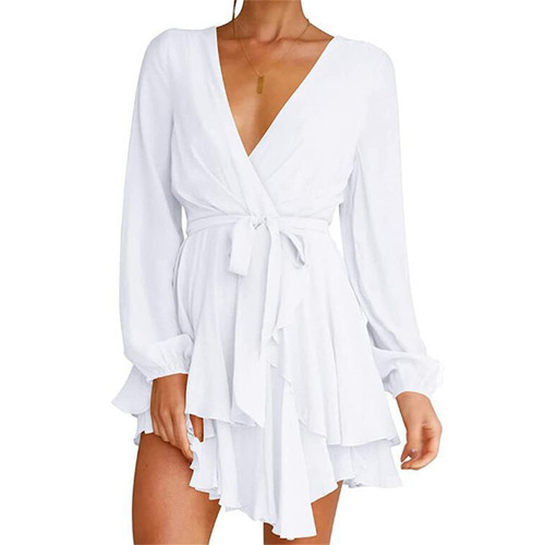 Fenghualzzniya Women Chiffon Bohemian Long Sleeve Deep V-Neck Tie Waist Mini Swing Skater Dress Irregular Ruffle Hem Dress White