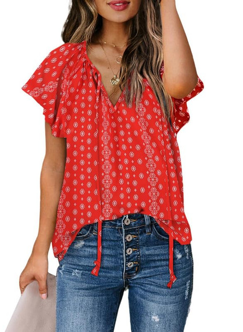 SHEWIN Women's 2024 Summer Casual Loose Bohemian Tops Floral Print Short Sleeve V Neck Shirts Flowy Peasant Blouses for Women,US 8-10(M),Floral Red