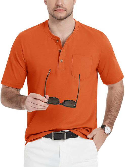 MAGCOMSEN Mens Short Sleeve Henley Shirts Casual Button Pocket T-Shirts Cotton Plain Tshirts Vintage Lightweight Summer Shirts Dark Orange L