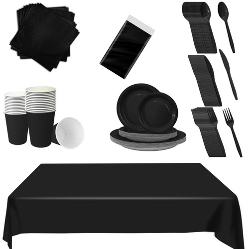 169 Pieces Black Party Supplies Set Including Paper Plates Cups Napkins Plastic Spoons Forks Knives and Tablecloth for 24 Guests Disposable Dinnerware Set for Birthday Wedding Party