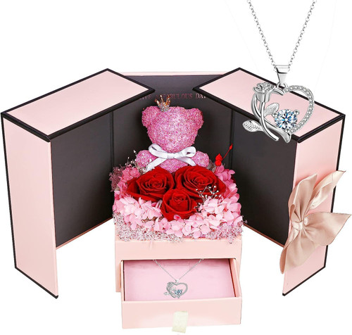 Suturun Preserved Roses Forever Flowers with Necklace Gifts for Women,Eternal Roses and Cute Moss Bear Gifts for Her Girlfriend Wife Mom on Valentines Day,Birthday,Mothers Day,Anniversaries,Christmas Suturun Preserved Roses Forever Flowers with Necklace Gifts for Women,Eternal Roses and Cute Moss Bear Gifts for Her Girlfriend Wife Mom on Valentines Day,Birthday,Mothers Day,Anniversaries,Christmas