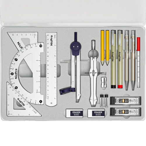 Nicpro 20 PCS Geometry Set - Professional Compass and Protractor Set Math Geometry & Drafting Tools with Metal Ruler Pencils Storage Box, Drafting Supplies for Architect Engineer Students